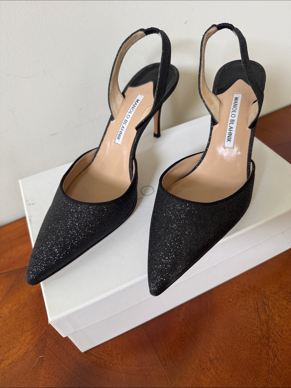 Manolo Blahnik Black Glitter Pointed Slingback Heels